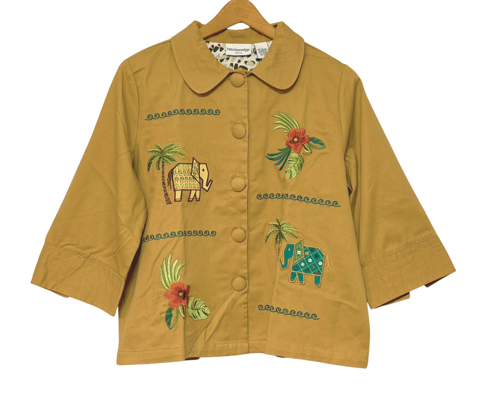 Button Front Embellished Safari Jacket Sz PL Embroidered Elephants Khaki Canvas